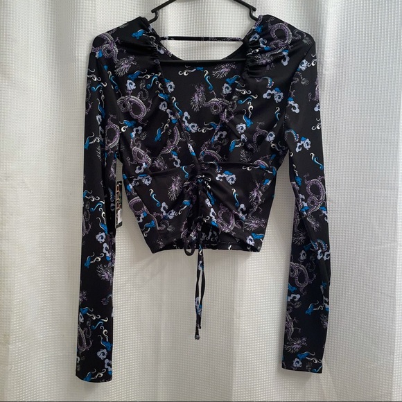 Dragon Print Long Sleeve Cut Out Back Top - Picture 3 of 5